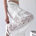Vintage Lace Cargo Pants Women Wide Leg Streetwear Trousers