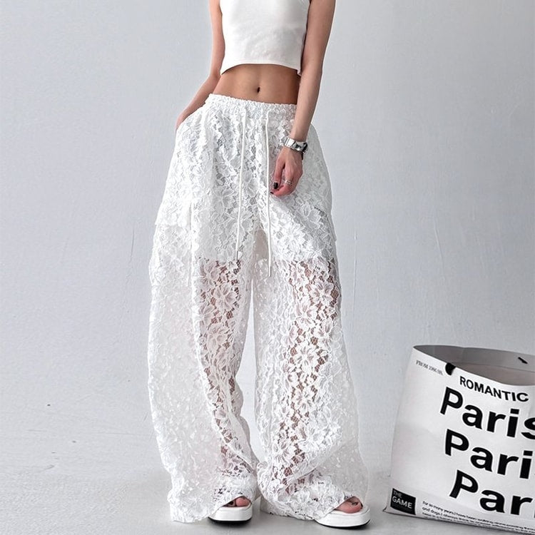 Vintage Lace Cargo Pants Women Wide Leg Streetwear Trousers