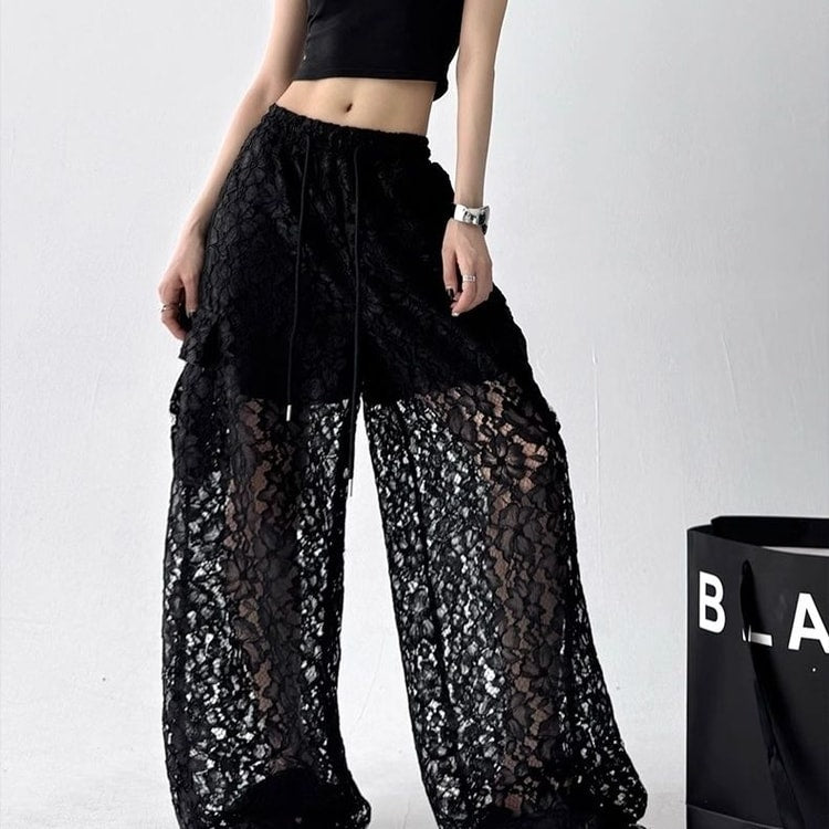 Vintage Lace Cargo Pants Women Wide Leg Streetwear Trousers