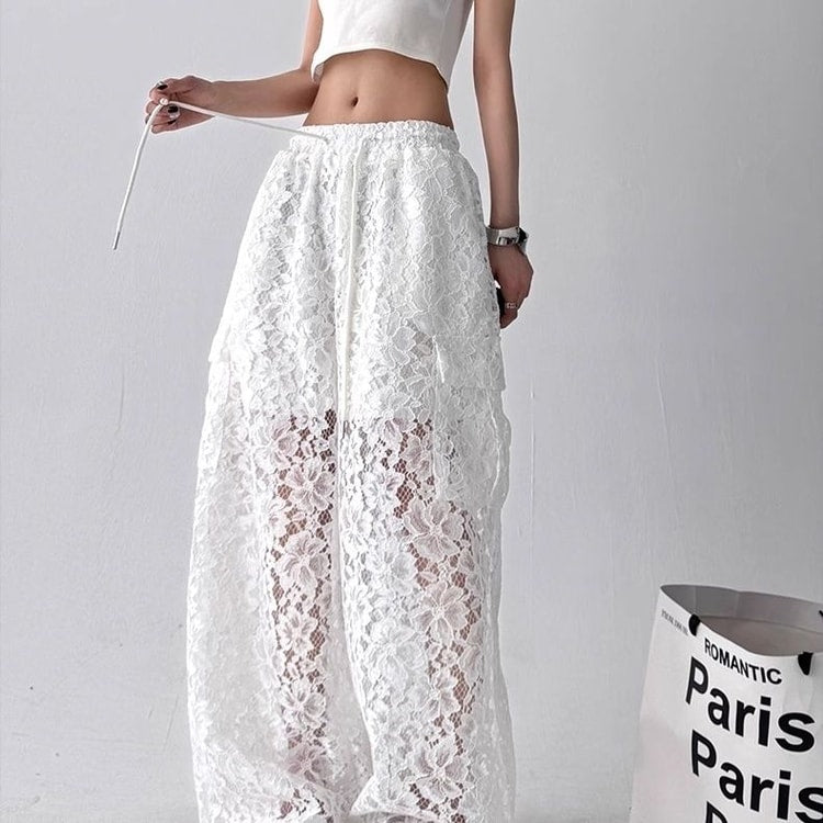 Vintage Lace Cargo Pants Women Wide Leg Streetwear Trousers
