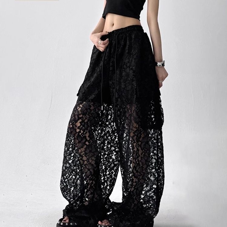 Vintage Lace Cargo Pants Women Wide Leg Streetwear Trousers