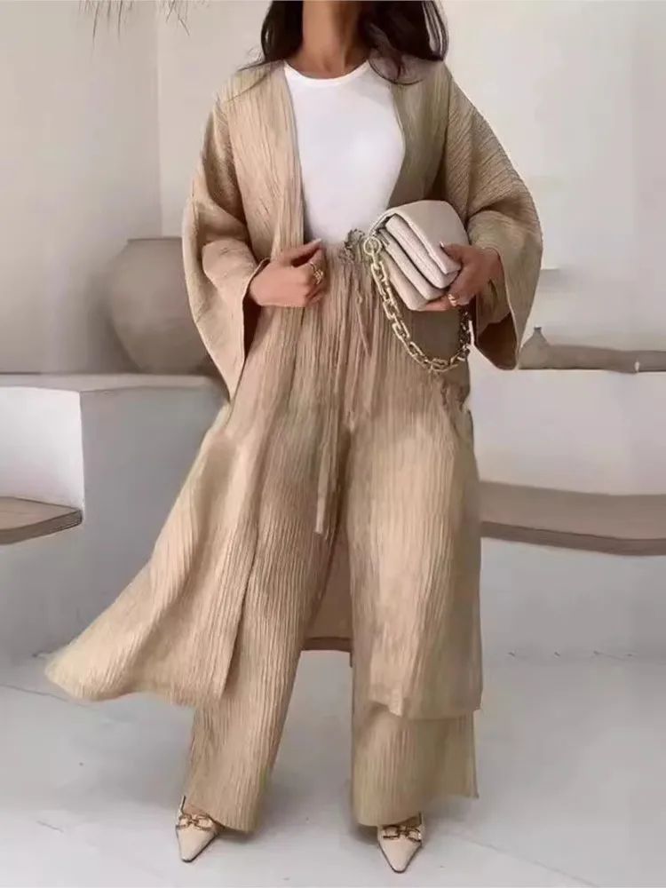 Women's Solid Color Long Cardigan & Wide Leg Pants Set – Casual Loose Commuter 2-Piece Outfit