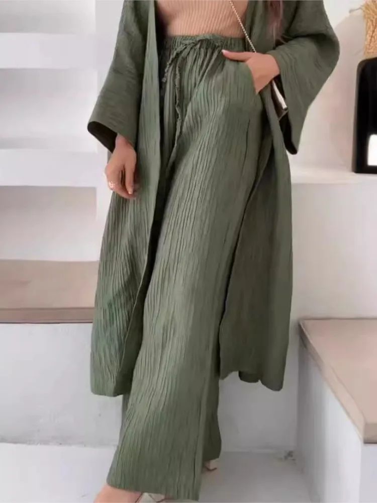 Women's Solid Color Long Cardigan & Wide Leg Pants Set – Casual Loose Commuter 2-Piece Outfit