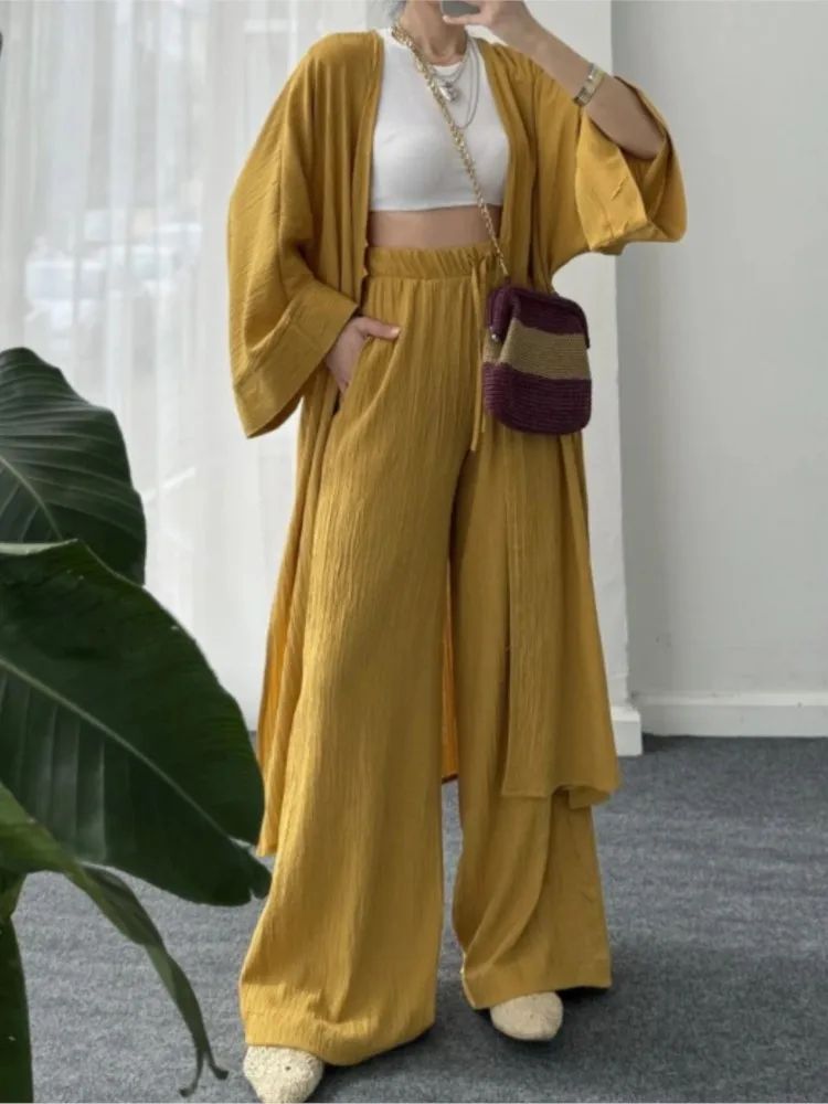 Women's Solid Color Long Cardigan & Wide Leg Pants Set – Casual Loose Commuter 2-Piece Outfit