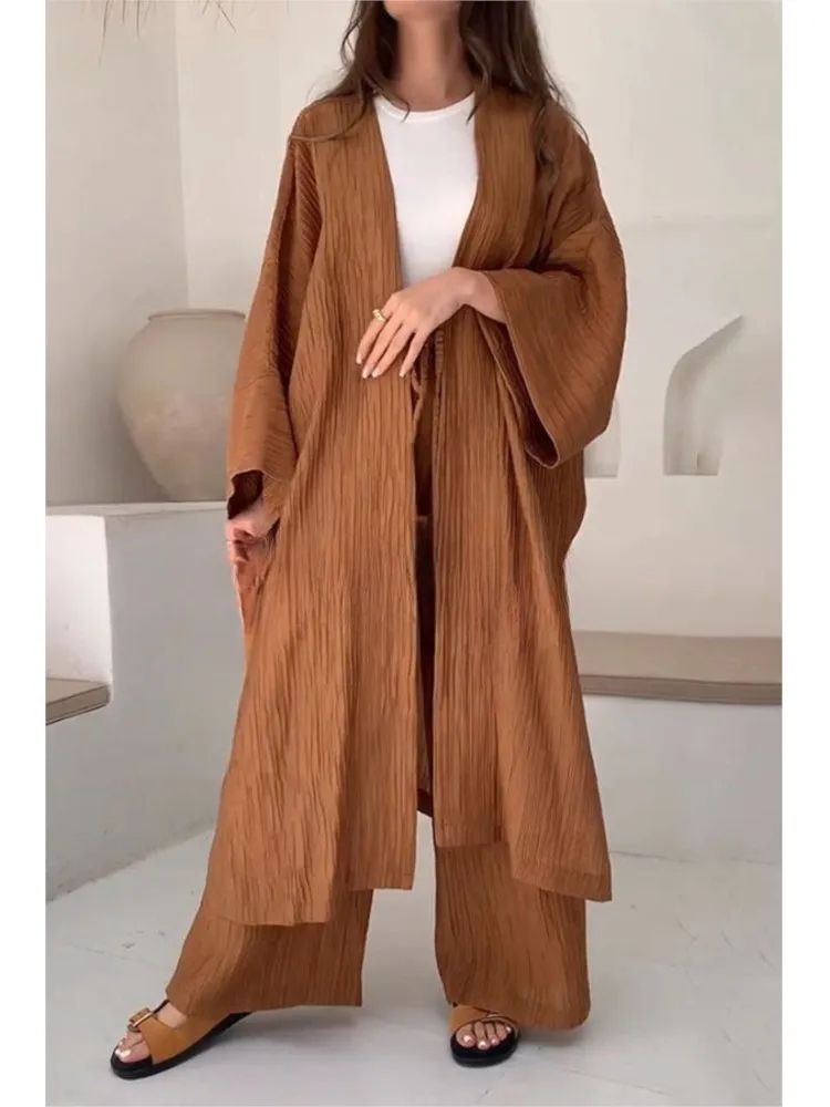 Women's Solid Color Long Cardigan & Wide Leg Pants Set – Casual Loose Commuter 2-Piece Outfit