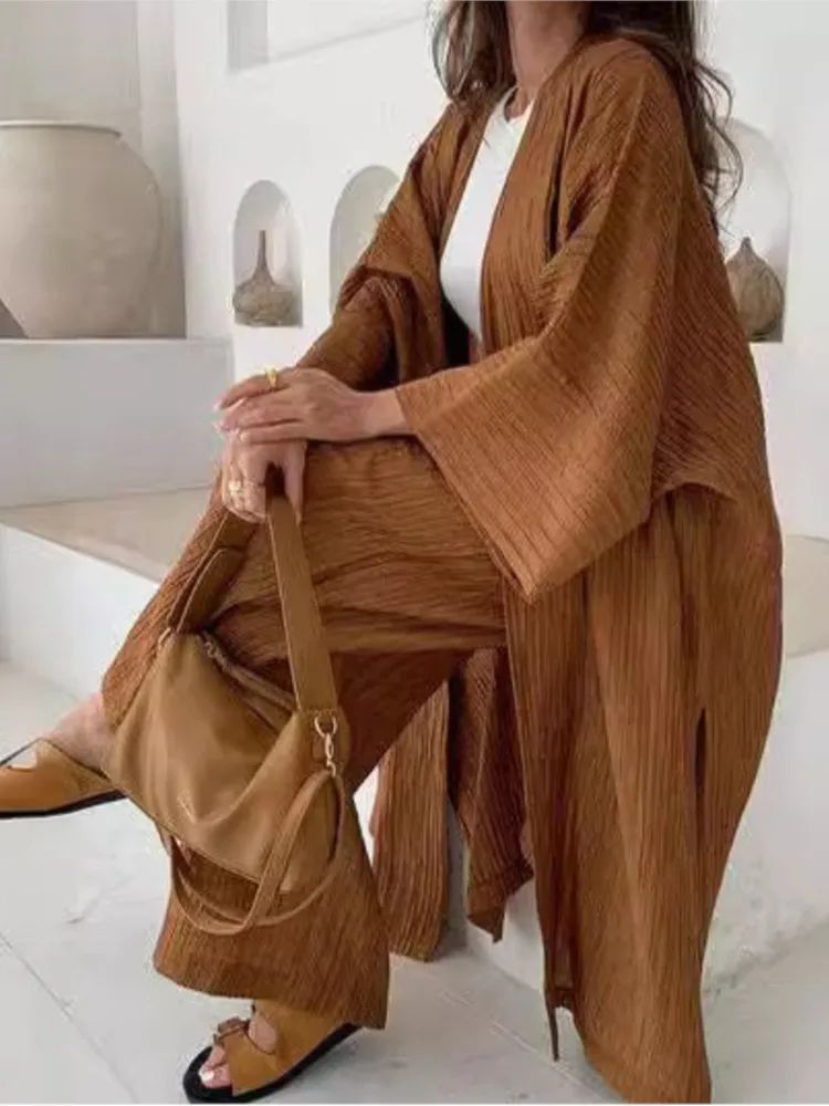 Women's Solid Color Long Cardigan & Wide Leg Pants Set – Casual Loose Commuter 2-Piece Outfit