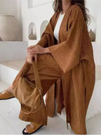 Women's Solid Color Long Cardigan & Wide Leg Pants Set – Casual Loose Commuter 2-Piece Outfit