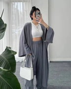 Women's Solid Color Long Cardigan & Wide Leg Pants Set – Casual Loose Commuter 2-Piece Outfit