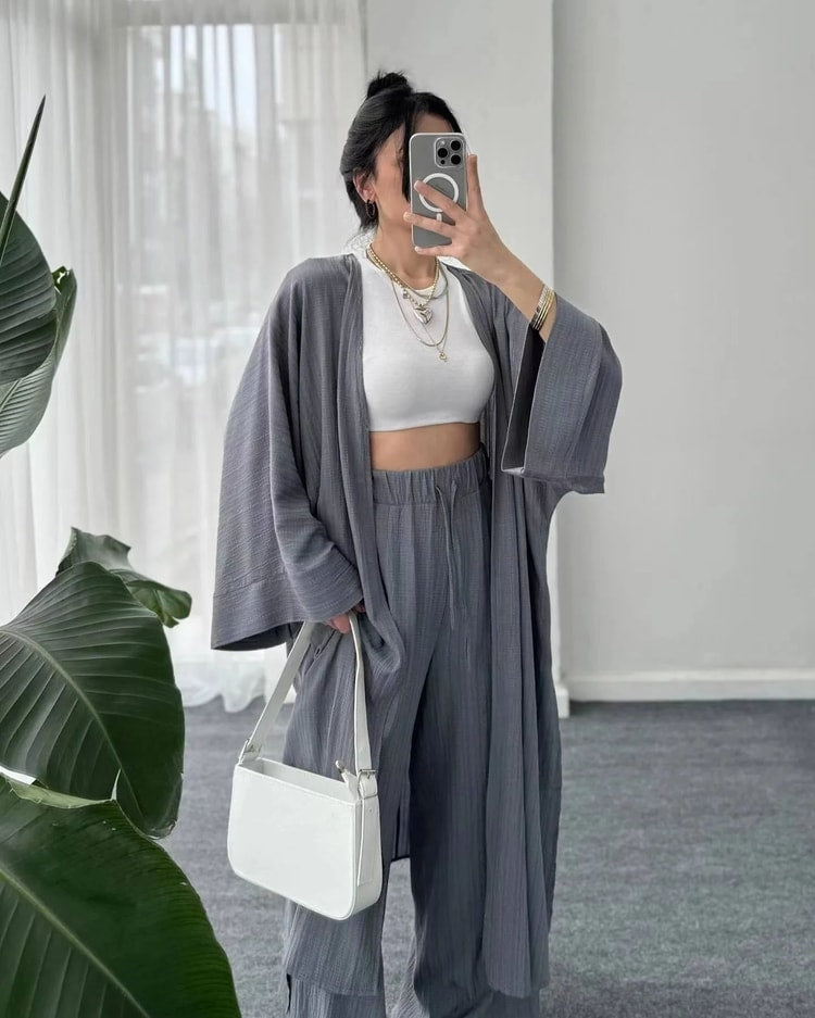 Women's Solid Color Long Cardigan & Wide Leg Pants Set – Casual Loose Commuter 2-Piece Outfit