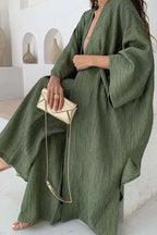 Women's Solid Color Long Cardigan & Wide Leg Pants Set – Casual Loose Commuter 2-Piece Outfit