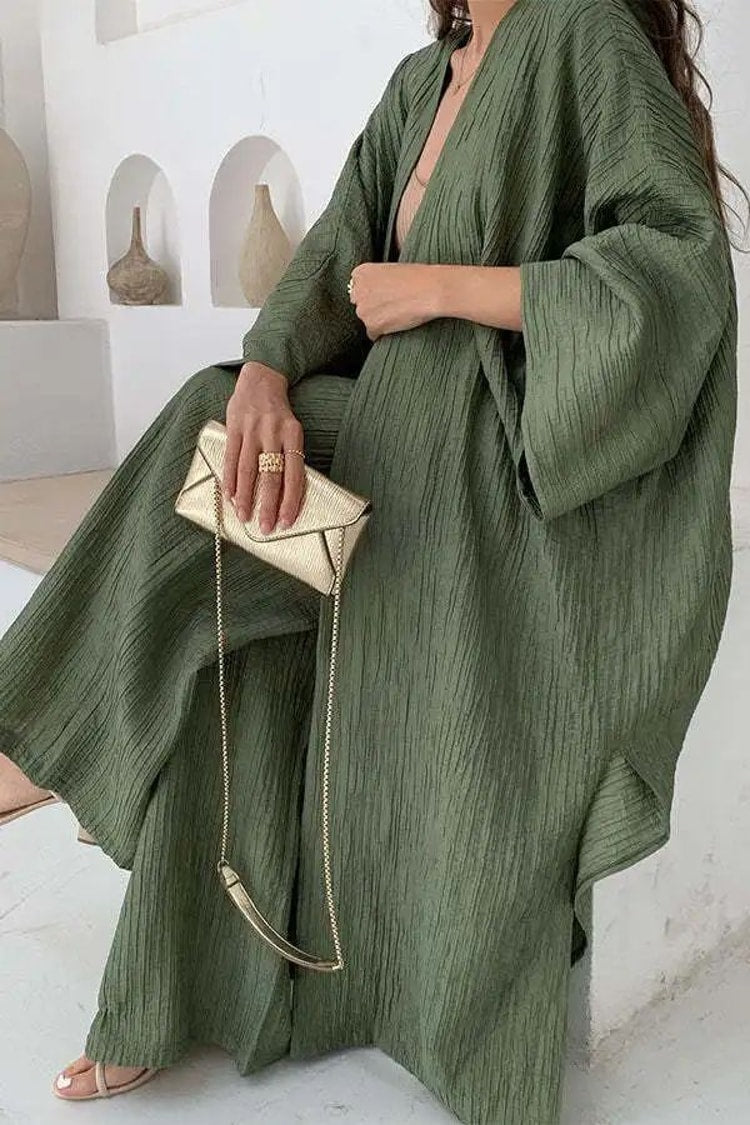 Women's Solid Color Long Cardigan & Wide Leg Pants Set – Casual Loose Commuter 2-Piece Outfit