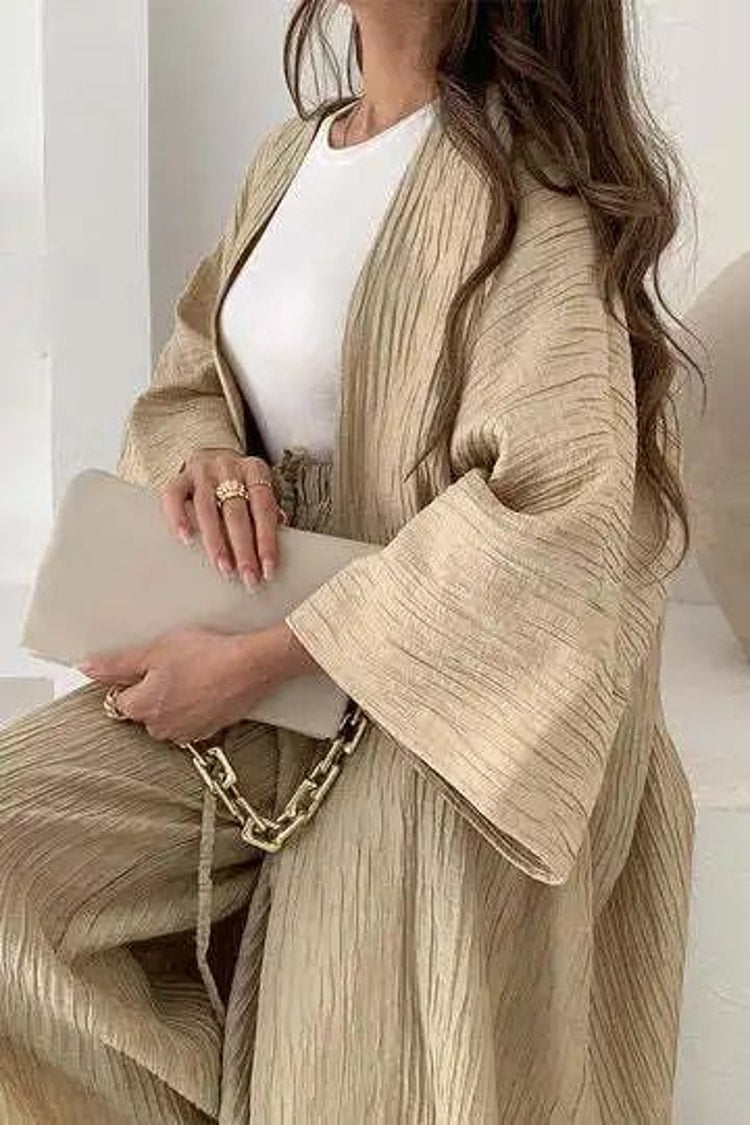 Women's Solid Color Long Cardigan & Wide Leg Pants Set – Casual Loose Commuter 2-Piece Outfit