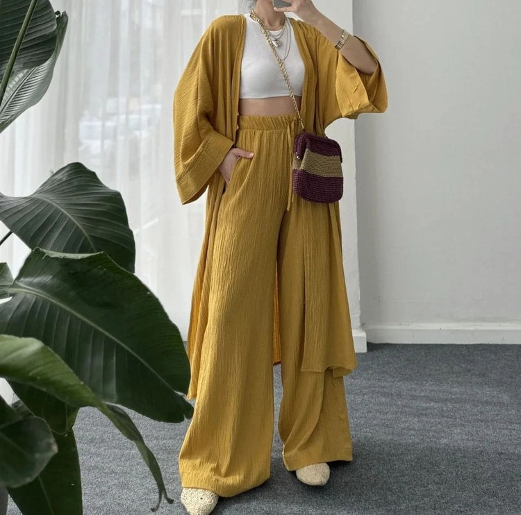 Women's Solid Color Long Cardigan & Wide Leg Pants Set – Casual Loose Commuter 2-Piece Outfit