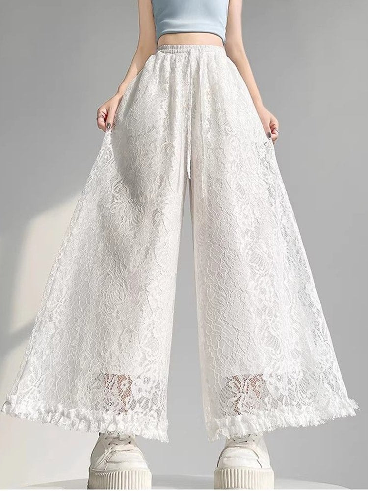 Aura White Lace Wide Leg Pants - High Waisted Summer Trousers