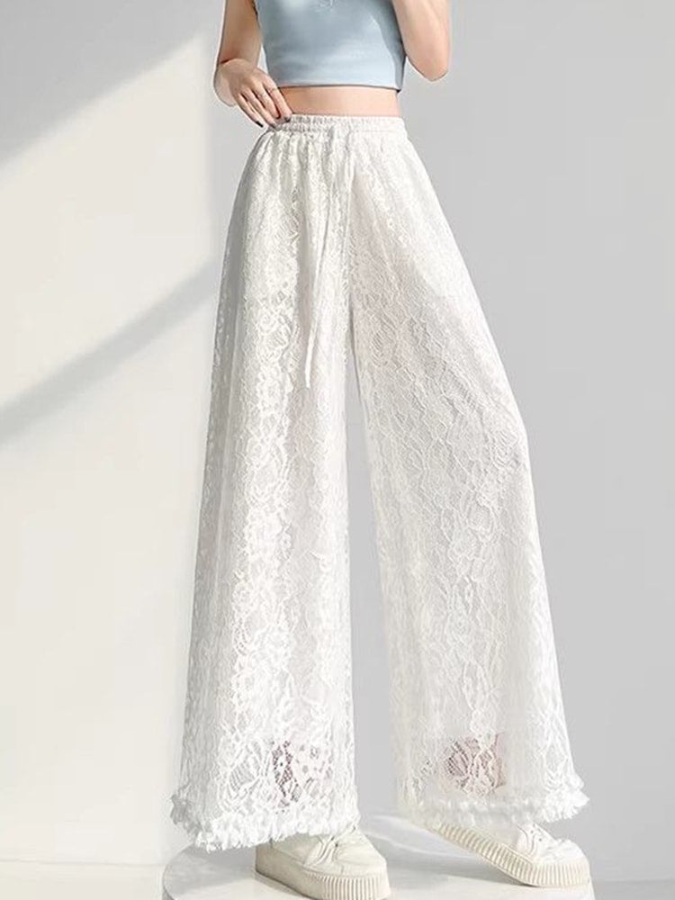 Aura White Lace Wide Leg Pants - High Waisted Summer Trousers
