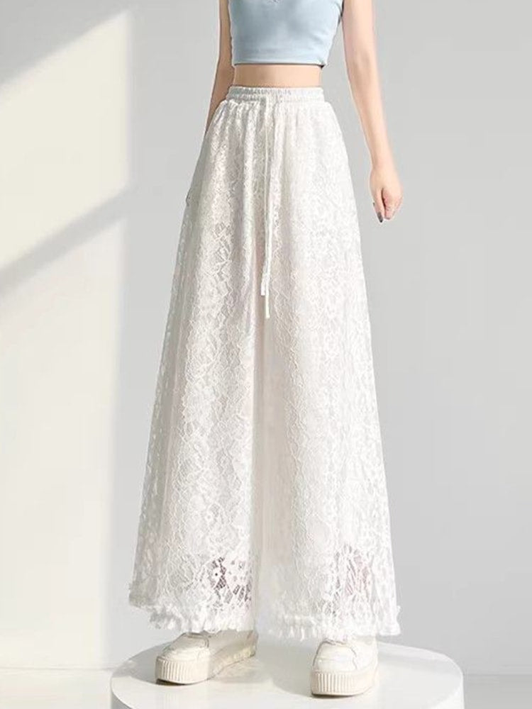 Aura White Lace Wide Leg Pants - High Waisted Summer Trousers