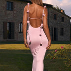 Elegant Solid Color 3D Flower Summer Women Long Dresses, Sleeveless Decorated Straps Neck Wrap Maxi Party Dress