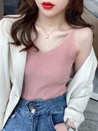 Solid V-Neck Elastic Knitted Suspender Camis, Korea Summer Tops New, Women's Tanks Clothing Basics Shirt