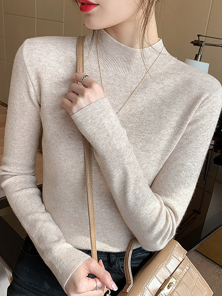 AOSSVIAO Turtleneck Sweater Women Fashion New Stretch Tops Women Knitted Pullovers Long Sleeve Bottoming Knitted Sweater