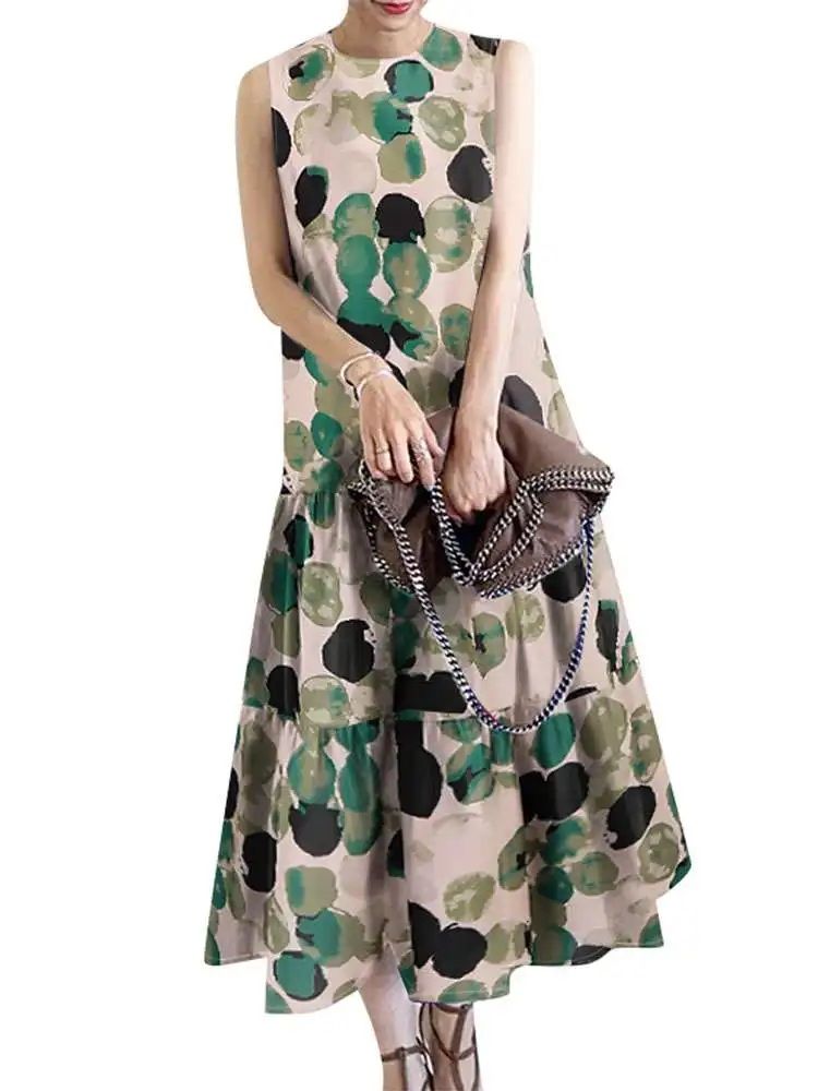 Bohemian Sleeveless Summer Dresses Women, Floral Printed Sundress, Casual Fashion Ruffles Hem Long Vestido