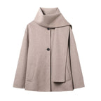 Chocolate Brown Scarf Jacket Women, Loose Thick Warm Coat Autumn Winter Casual Office Lady Outwear