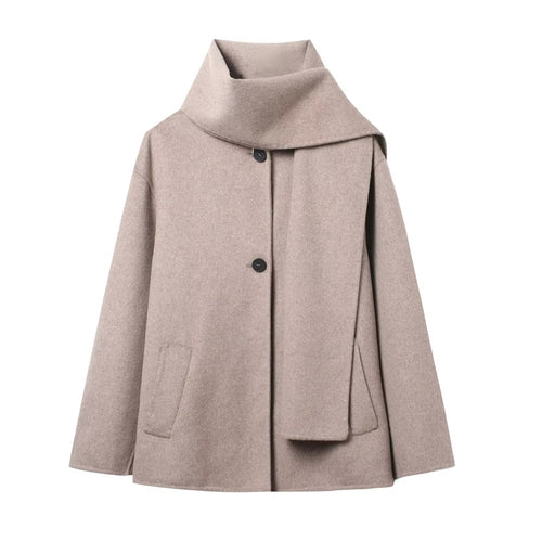 Chocolate Brown Scarf Jacket Women, Loose Thick Warm Coat Autumn Winter Casual Office Lady Outwear