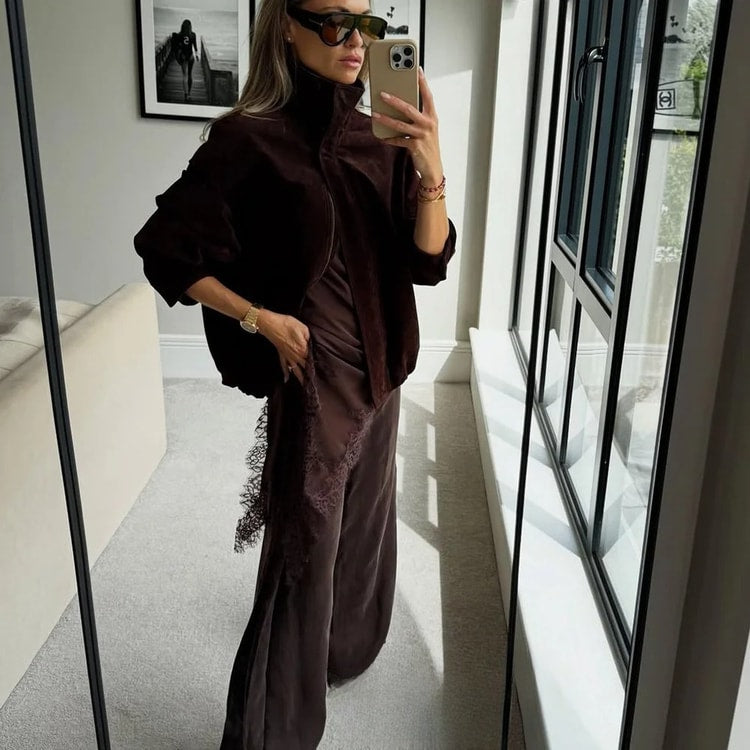 Women's Streetwear Suede Jacket, Chic Brown Bomber Coat, Long Sleeve Zipper, Casual Elegant Outwear, Fall Winter
