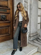 Womens Brown Imitation Deer Fur Coat, Chic Lapel, Double Breasted Long Sleeve Windbreaker, High Street Autumn Outwear