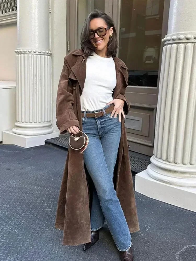 Womens Brown Imitation Deer Fur Coat, Chic Lapel, Double Breasted Long Sleeve Windbreaker, High Street Autumn Outwear