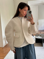 Elegant Plush V Neck Short White Coat Women Retro Casual Single Breasted Tweed Coats Female Autumn Chic Street Outwear