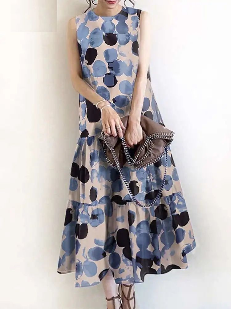 Bohemian Sleeveless Summer Dresses Women, Floral Printed Sundress, Casual Fashion Ruffles Hem Long Vestido