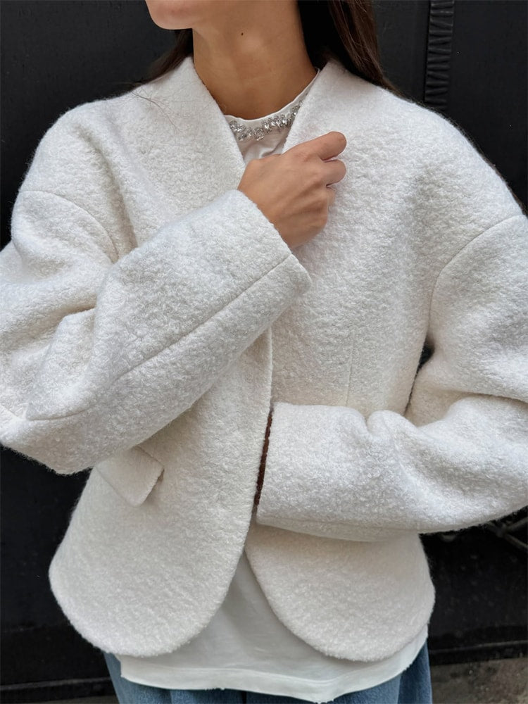 Elegant Plush V Neck Short White Coat Women Retro Casual Single Breasted Tweed Coats Female Autumn Chic Street Outwear