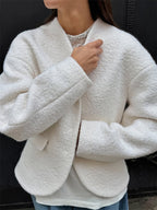 Elegant Plush V Neck Short White Coat Women Retro Casual Single Breasted Tweed Coats Female Autumn Chic Street Outwear
